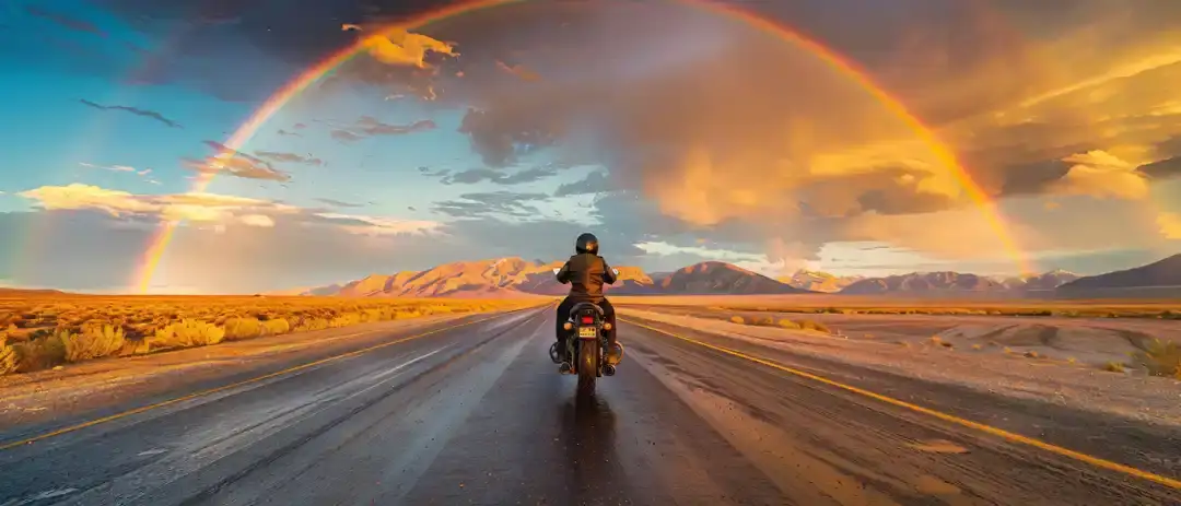 Motorcyclist under a vibrant rainbow sky.
