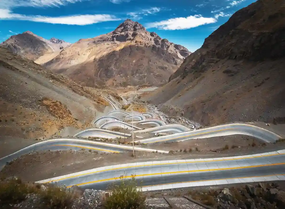 The switchbacks of the Los Caracoles pass climbing the Andes on the road between Mendoza and Santiago de Chile.